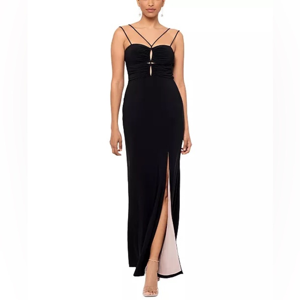 XSCAPE Black Ruched Keyhole Gown w Side Slit  Party Evening Event Formal Dress